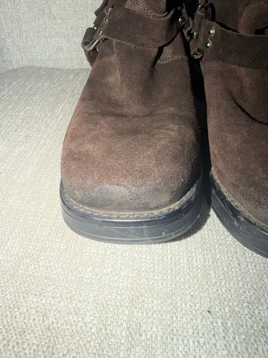 Steve Madden Brocks Chocolate Brown Suede Buckle Slouch Mid-Calf Moto Boots - Picture 11 of 12